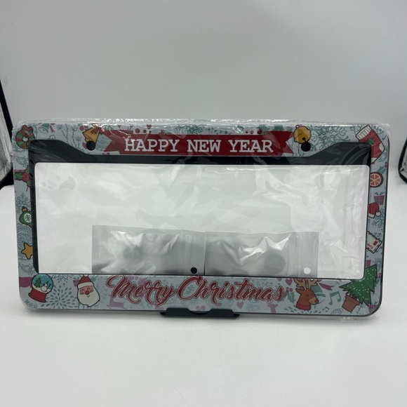 Metal License Plate Frame Merry Christmas Happy New Year Front/Rear - Picture 1 of 8